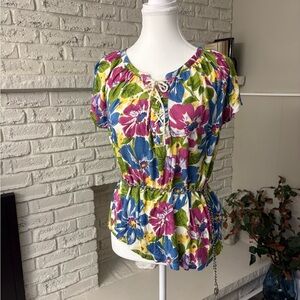 Chaps Vintage Multicolor Floral Blouse with Lace-Up Detail